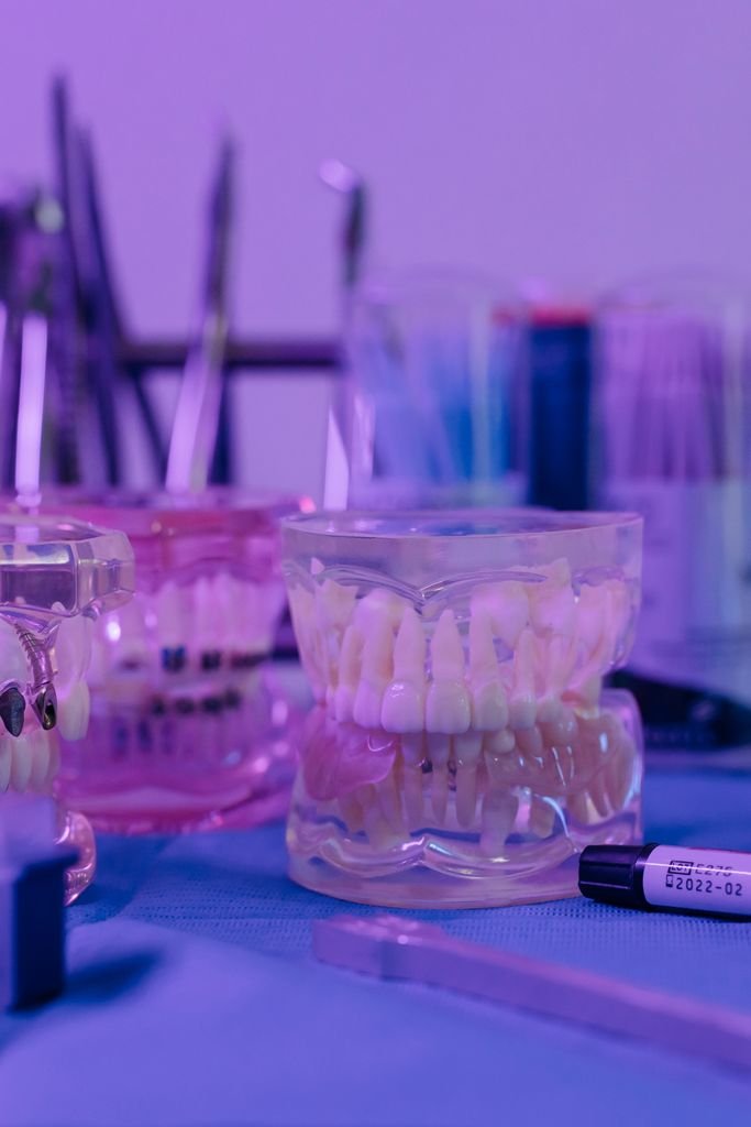 Detailed view of dental models and tools under a purple light, ideal for medical or dental themes.